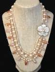 Peach Pearl and Crystal Triple Strand Necklace with Side Clasp 