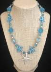Turquoise Frosted Glass Beaded Necklace with Rhinestone Starfish Pendant 