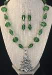 Green Crystal Necklace Set with Pewter Christmas Tree Pendant 