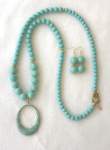 Long Turquoise Graduated Beaded Necklace Set with Oval Pendant 