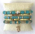 Set of 5 Elasticized Turquoise and Gold Bracelets  each, 2 for 