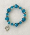 Turquoise Glass Bead Elasticized Bracelet with Heart Charm 