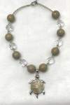 Crystal and Beige Glass Necklace with Mother of Pearl Turtle Pendant 