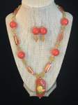 Orange Crystal Necklace Set with Hand Painted Citrus Pendant 