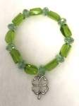 Green Crystal and Glass Beaded Elasticized Bracelet with 4 Leaf Clover Charm 