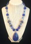 Navy Blue and Silvertone Beaded Necklace with Teardrop Pendant 