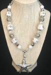 White and Silvertone Beaded Necklace with Starfish Pendant 