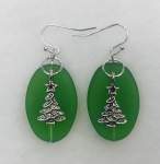 Green Oval Smoked Glass Earrings with Christmas Tree Charms 