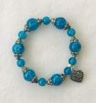 Turquoise Glass Bead Elasticized Bracelet with Heart Charm 