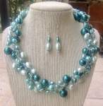 Turquoise and White Pearl Wire Crochet Necklace 