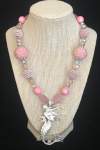 Pink and Silvertone Beaded Necklace with Silvertone Mermaid Pendant 