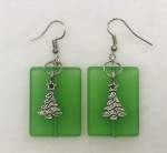 Green Rectangular Smoked Glass EArrings with Christmas Tree Charms 