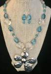 Turquoise and White Crystal Necklace Set with Pewter Floral Pendant 