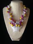 Pink, Yellow and White Wire Crochet Necklace with White Jade Butterfly 